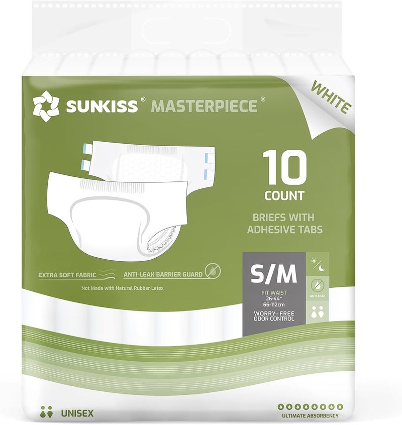 SUNKISS Masterpiece Adult Diapers with Tabs, Unisex Disposable Incontinence Briefs for Women and Men, Odor Control, White, Small/Medium, Previously Medium, 10 Count - Image 1